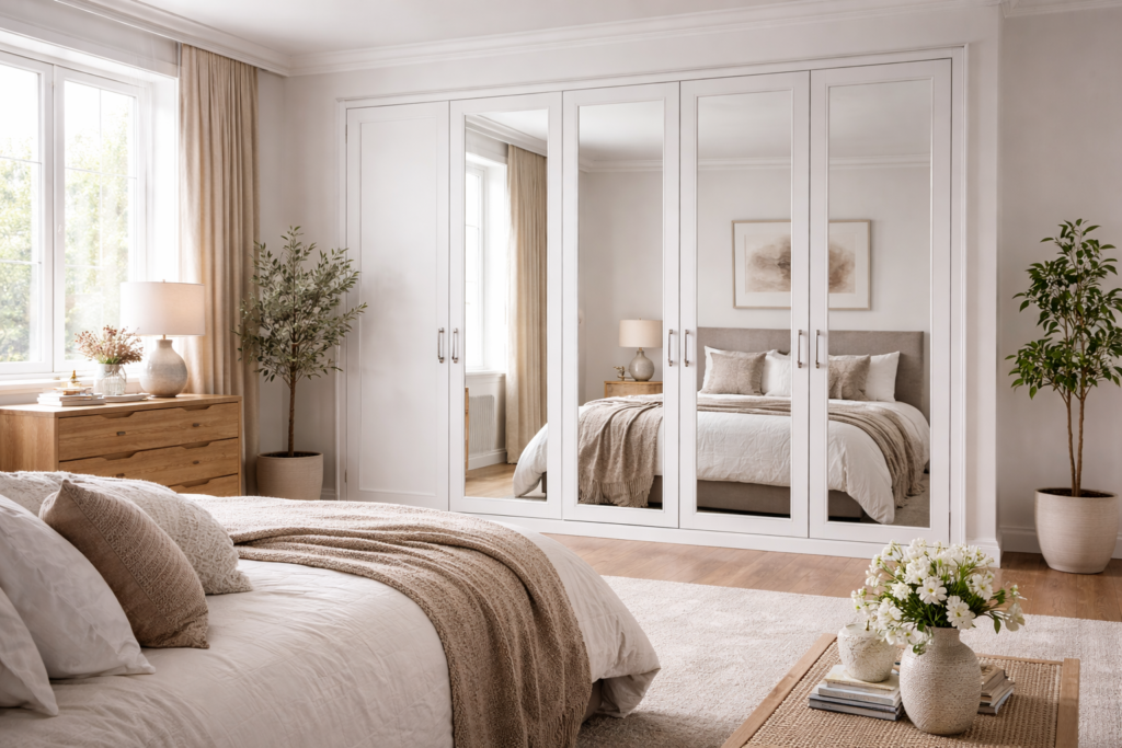 Hinged mirrored wardrobe doors styled in a modern bedroom to enhance light and space